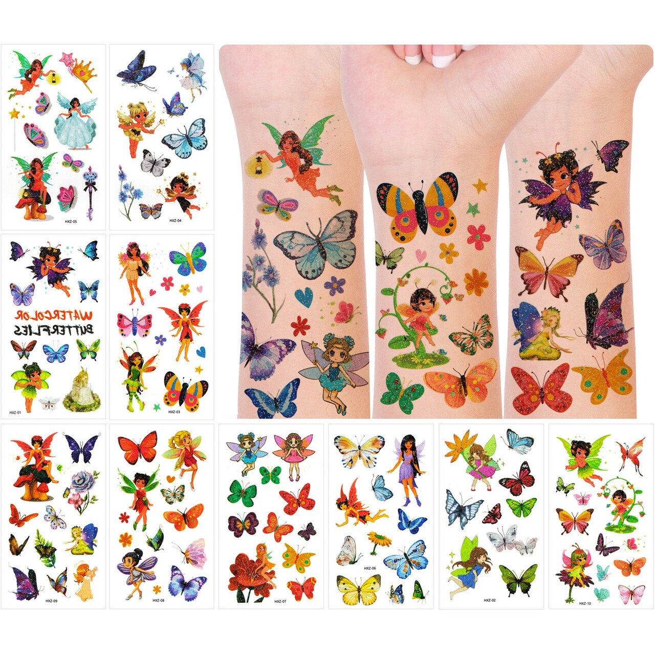 Wrapables Waterproof Glitter Temporary Tattoos, Birthday Party Favors and Supplies, Goodie Bag Fillers, 10 Sheets Fairies and Butterflies